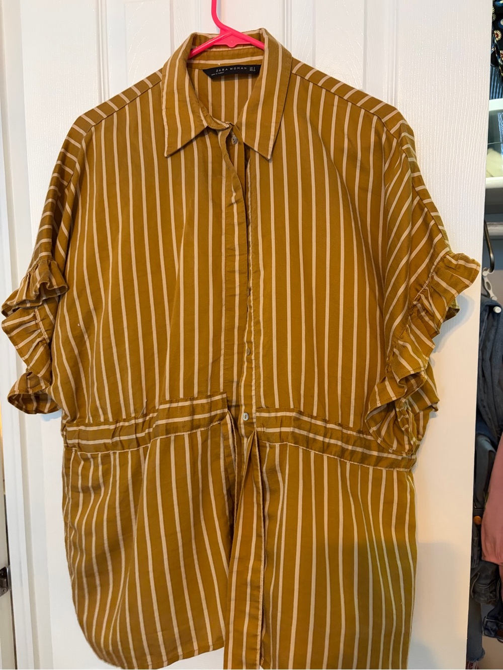 Zara Mustard Yellow and White Striped Ruffle Sleeve Blouse